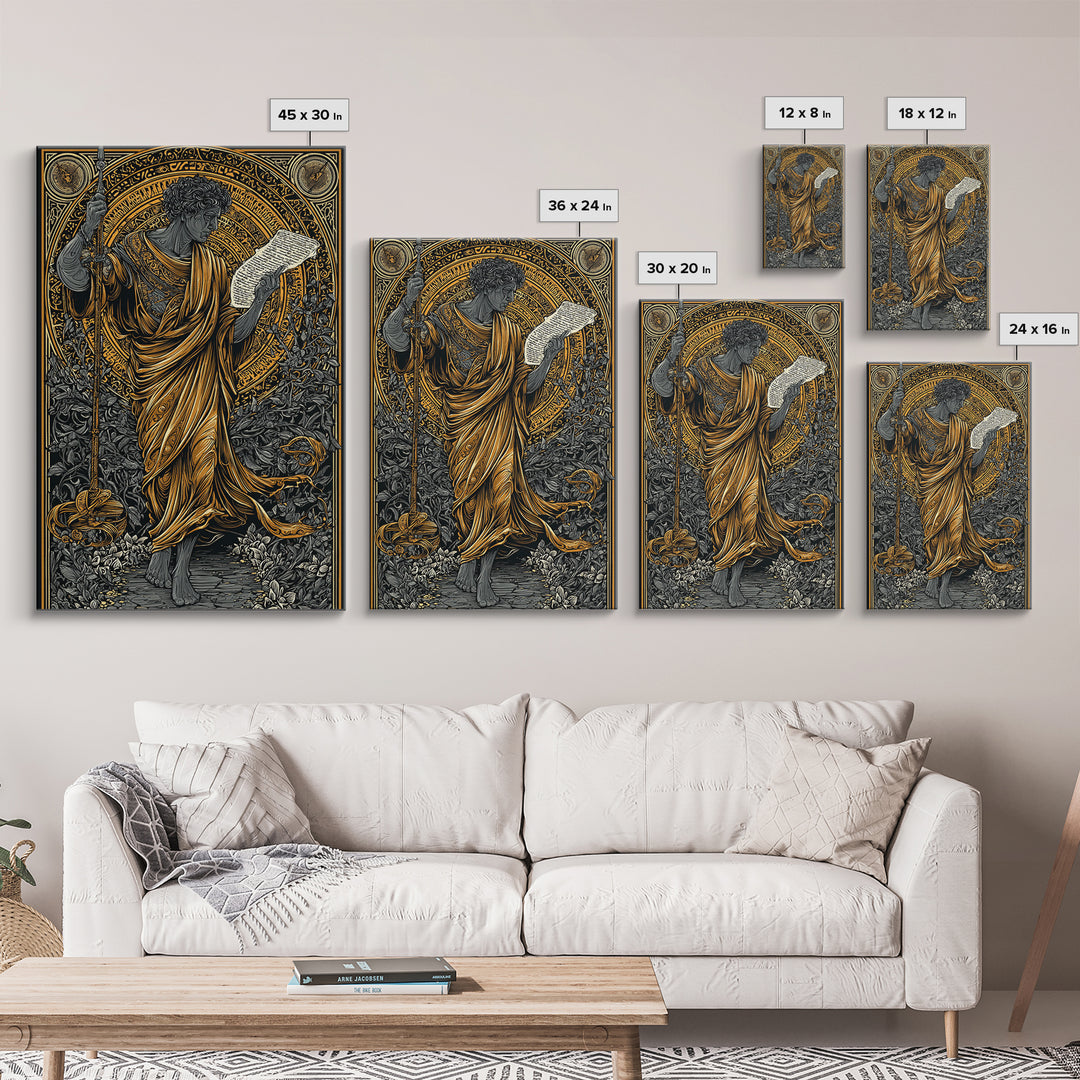 Philosopher Holding Spear And Scroll, Canvas Gold Canvas Print, Classical Greek Wall Art, Mythology Inspired, Real Wood Frame
