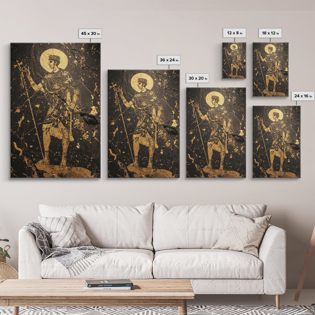 Constantine Canvas Gold Canvas Print, Byzantine Roman Emperor Holding Staff Artwork, Regal Historical Wall Art, Wood Frame