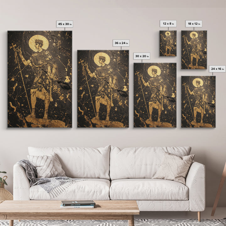 Constantine Canvas Gold Canvas Print, Byzantine Roman Emperor Holding Staff Artwork, Regal Historical Wall Art, Wood Frame