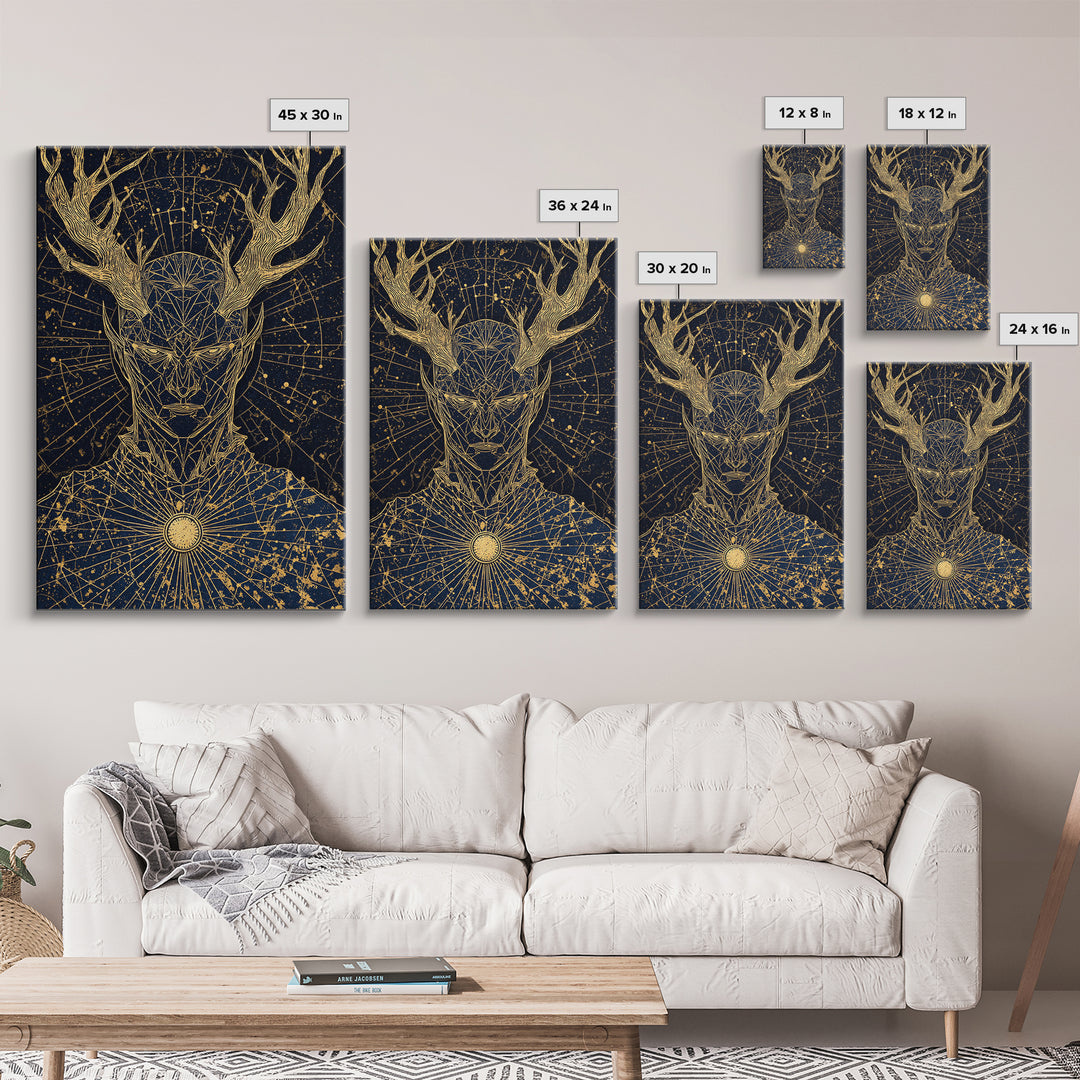 Geometric Antler God Artwork, Canvas Gold Art Print, Mythology Constellation Wall Decor, Cosmic Style, Real Wood Frame