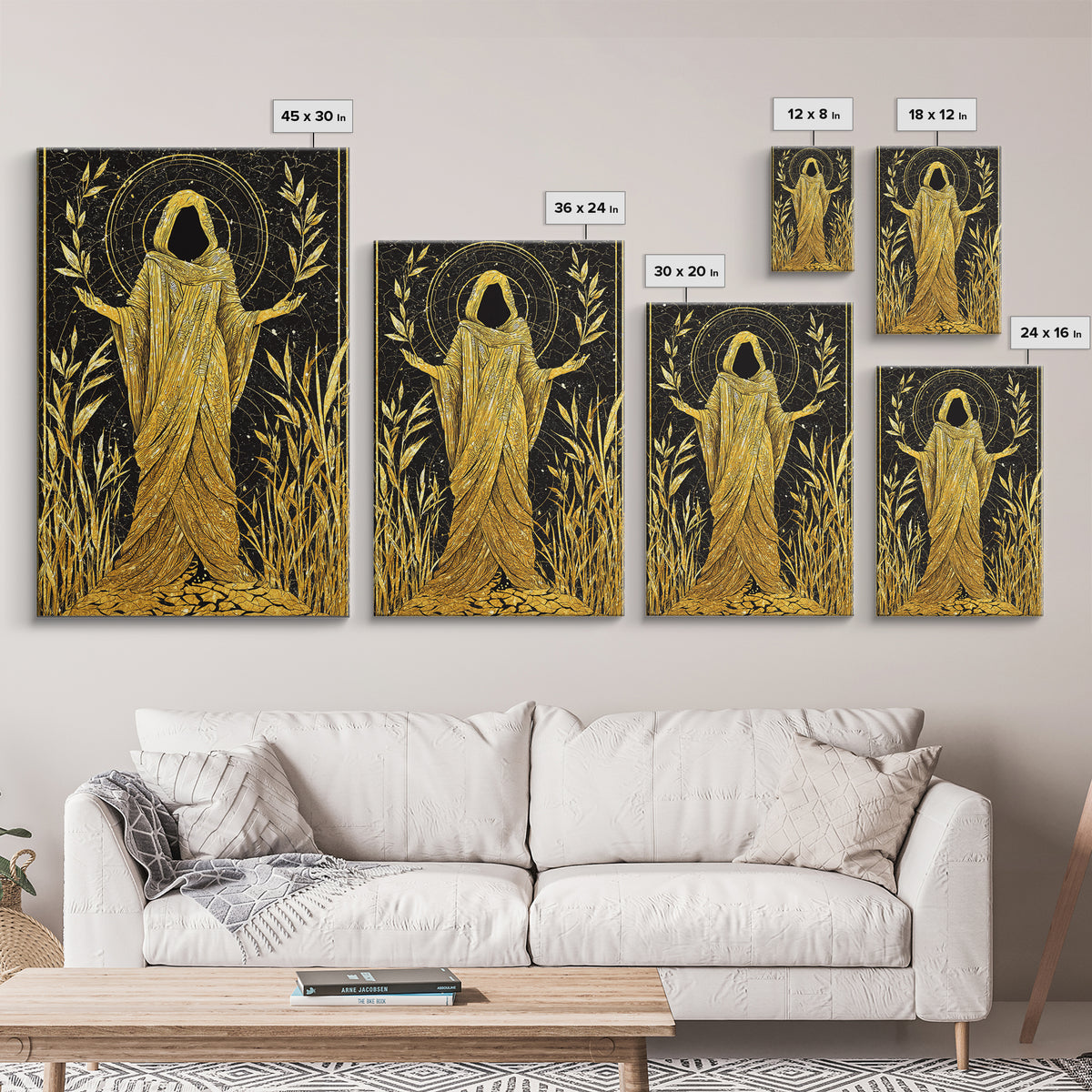 Mystical Hooded Figure Artwork, Canvas Gold Art Print, Mythology Spiritual Wall Decor, Divine Goddess Style, Real Wood Frame