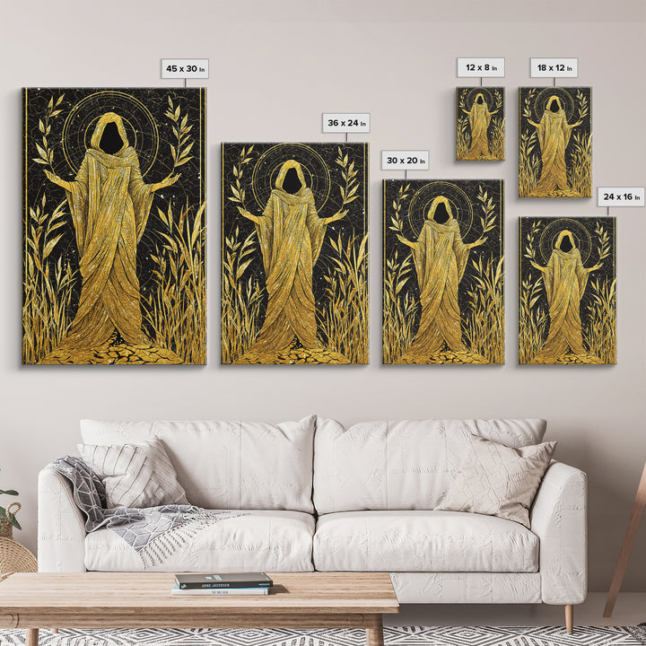 Mystical Hooded Figure Artwork, Canvas Gold Art Print, Mythology Spiritual Wall Decor, Divine Goddess Style, Real Wood Frame