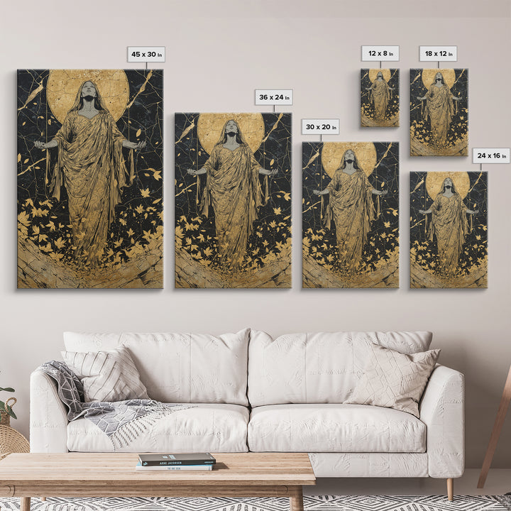 Ancient Goddess Rising Artwork, Canvas Gold Canvas Print, Mythology Divine Feminine Wall Art, Celestial Style, Real Wood Frame