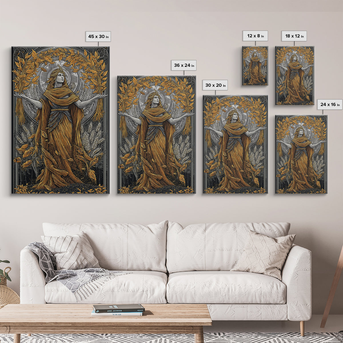 Harvest Goddess Artwork, Canvas Gold Art Print, Ancient Mythology Wall Decor, Wheat and Leaves Motif, Real Wood Frame Display