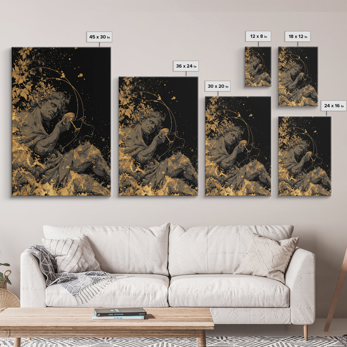 Mythology God Drinking Artwork, Canvas Gold Canvas Print, Ancient Dionysus Inspired Wall Art, Wine Motif Decor, Real Wood Frame