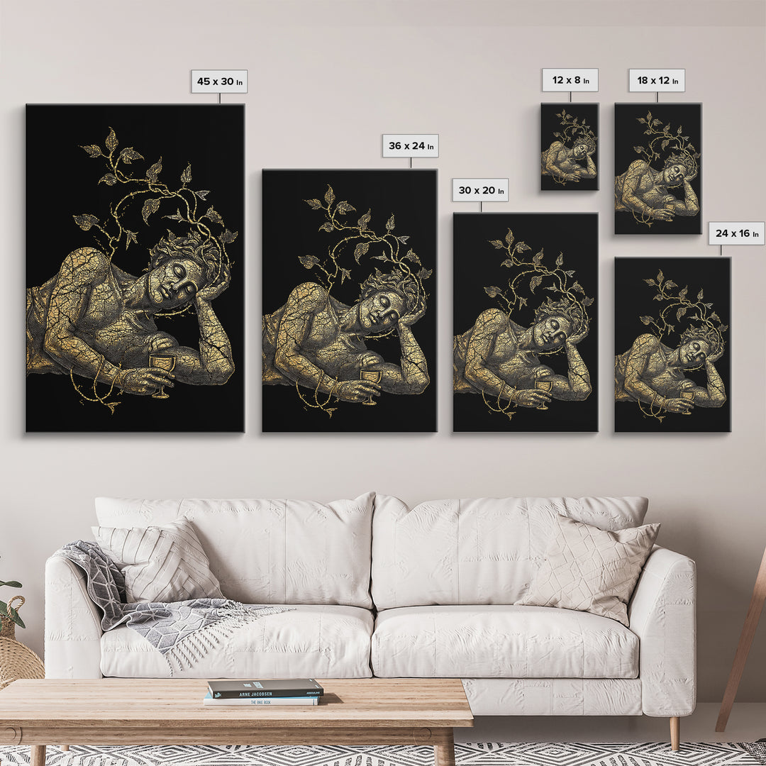Sleeping God With Vines Artwork, Canvas Gold Art Print, Mythology Dionysus Inspired Wall Decor, Mosaic Style, Real Wood Frame
