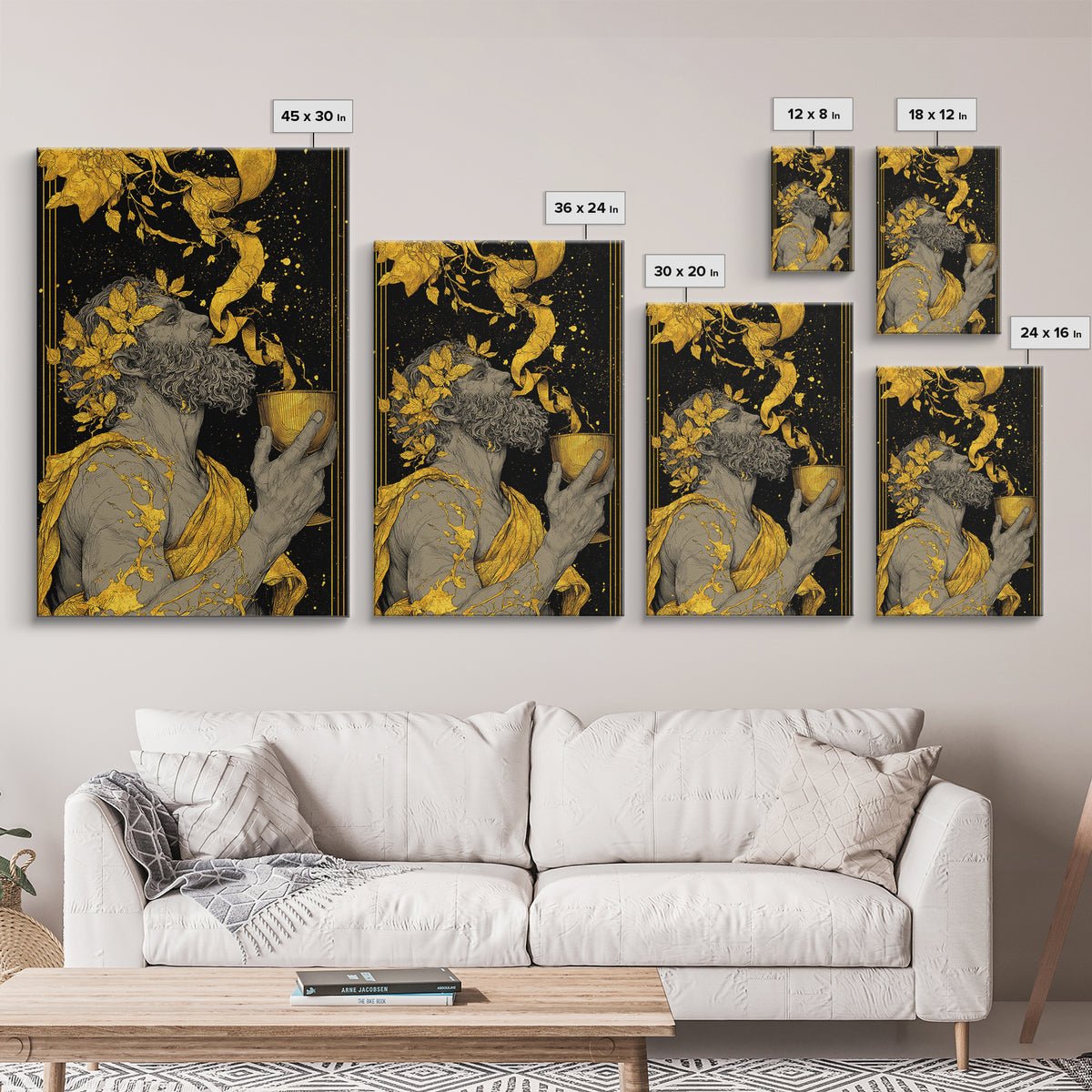 Bearded Dionysus Canvas Gold Canvas Print, Greek Mythology Wine God Wall Art, Regal Luxury Decor With Real Wood Frame