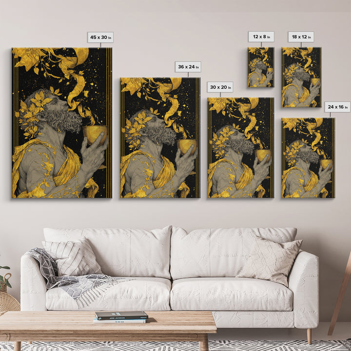 Bearded Dionysus Canvas Gold Canvas Print, Greek Mythology Wine God Wall Art, Regal Luxury Decor With Real Wood Frame