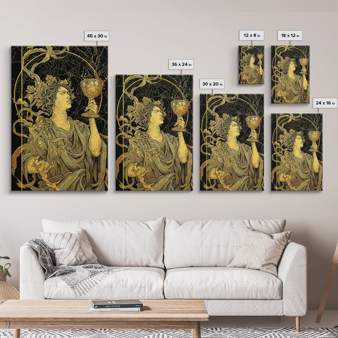 Dionysus With Chalice Canvas Gold Canvas Print, Ancient Greek God Art, Mythology Home Decor With Real Wood Frame