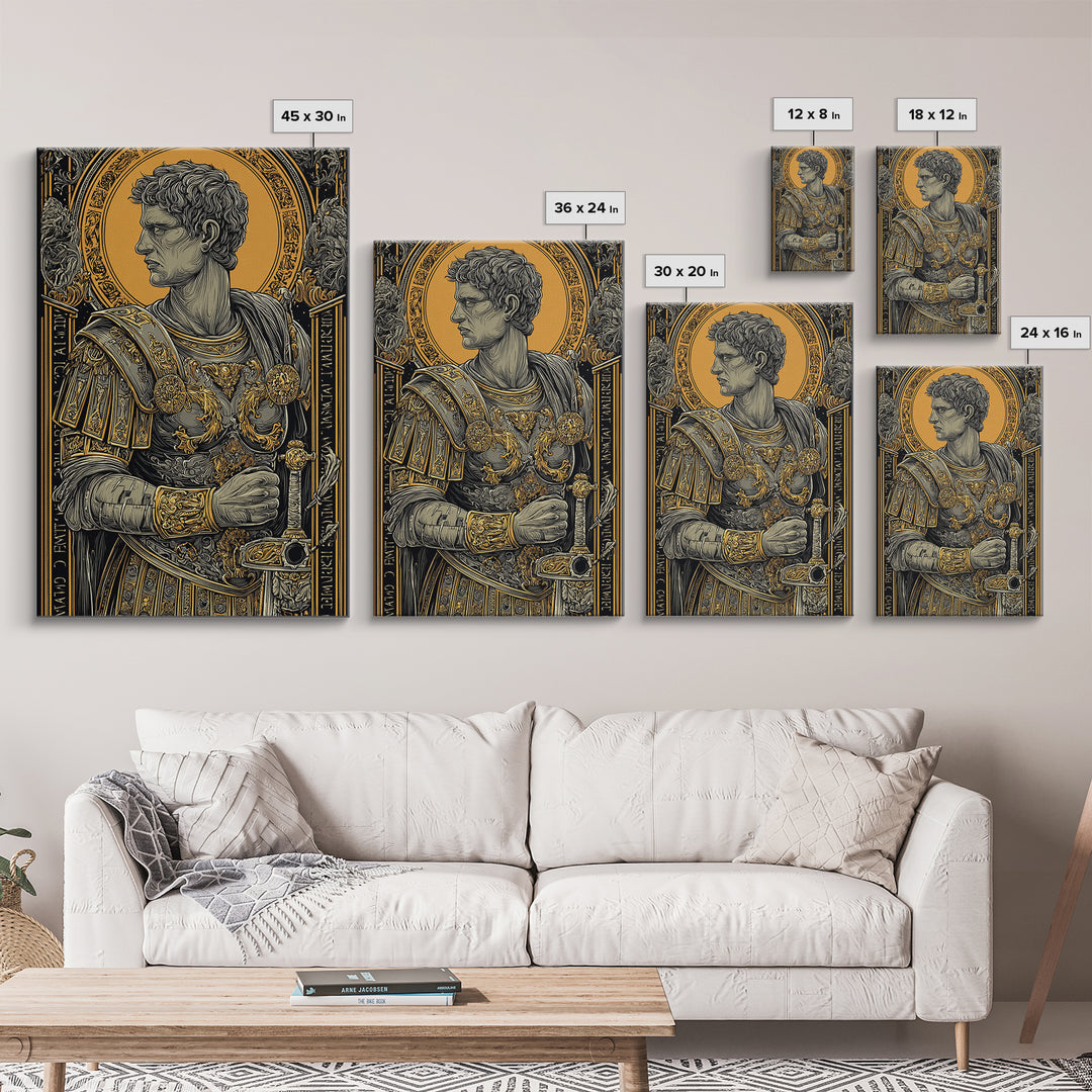 Roman General Portrait Canvas Gold Canvas Print, Ancient Warrior Wall Art, Regal Classical Decor With Real Wood Frame