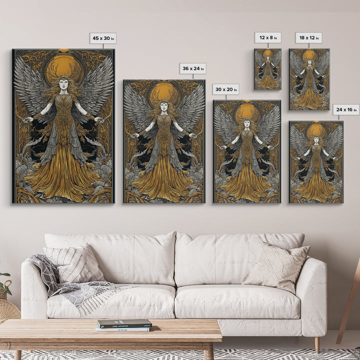 Mythical Winged Goddess Canvas Gold Canvas Print, Fantasy Divine Woman Art, Ethereal Luxury Decor With Real Wood Frame