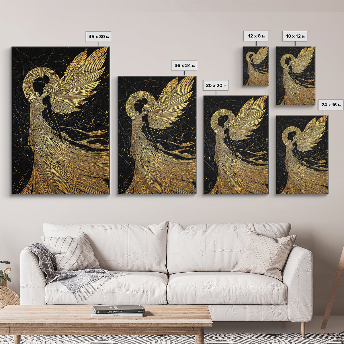 Golden Angelic Silhouette Canvas Gold Canvas Print, Elegant Divine Figure Art, Celestial Decor With Real Wood Frame