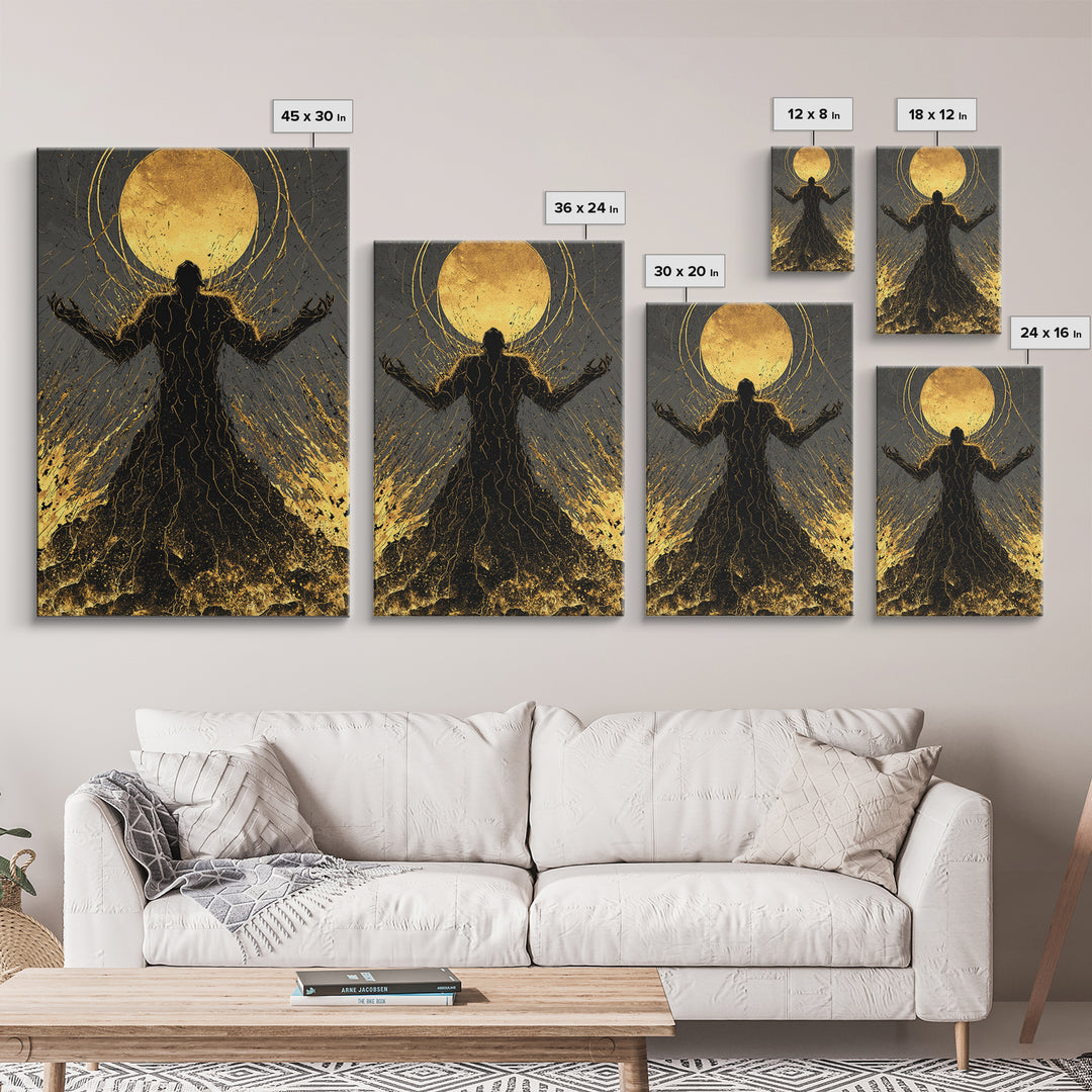 Cosmic Ascension Canvas Gold Canvas Print, Abstract Silhouette Moon Art, Spiritual Mythology Decor With Real Wood Frame