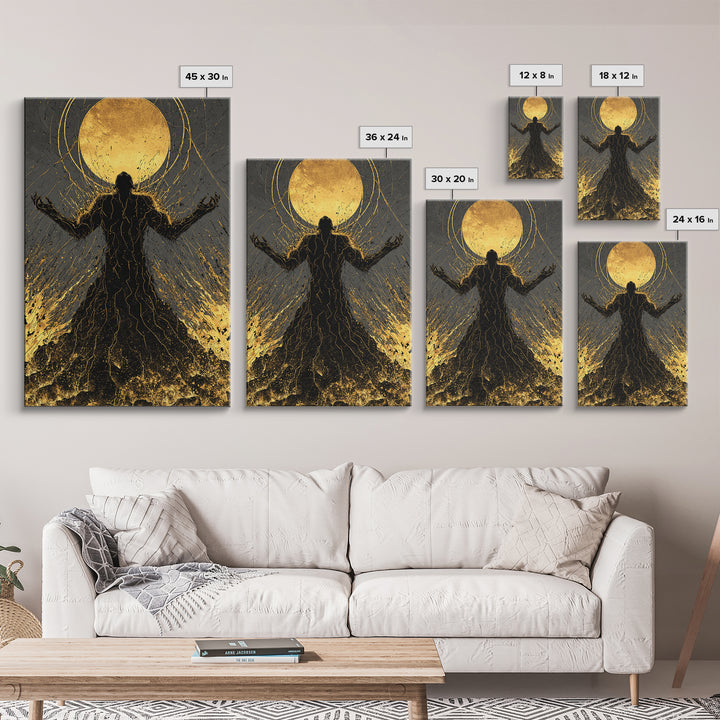Cosmic Ascension Canvas Gold Canvas Print, Abstract Silhouette Moon Art, Spiritual Mythology Decor With Real Wood Frame