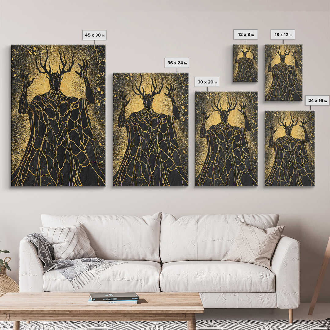 Antlered Mythical Deity Canvas Gold Canvas Print, Fantasy Abstract Wall Art, Mystical Surreal Figure, Real Wood Frame