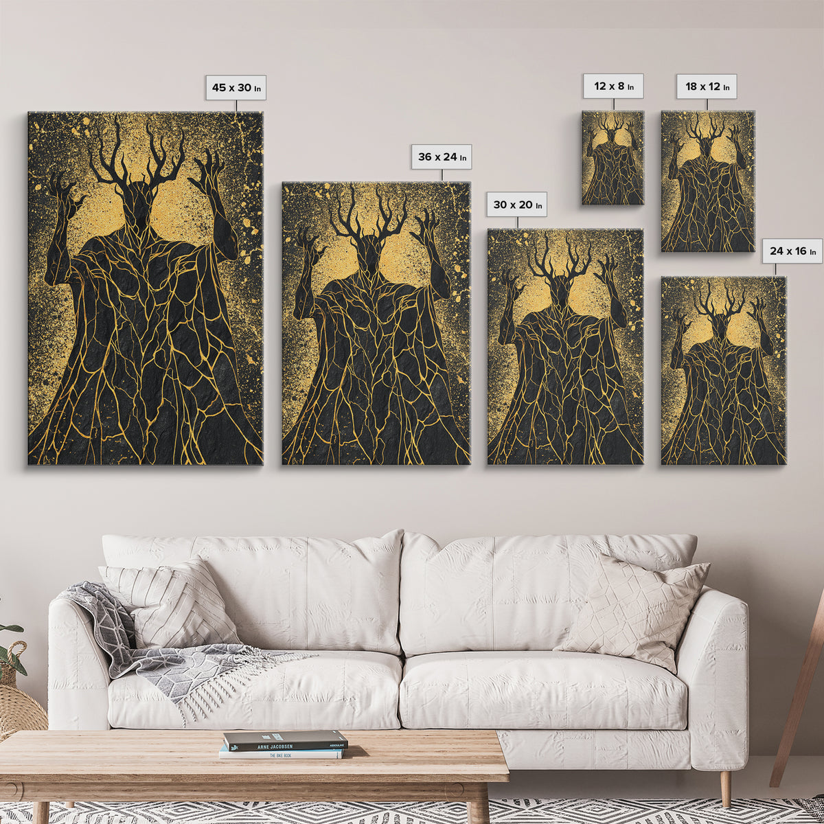 Antlered Mythical Deity Canvas Gold Canvas Print, Fantasy Abstract Wall Art, Mystical Surreal Figure, Real Wood Frame