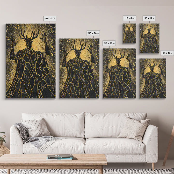 Antlered Mythical Deity Canvas Gold Canvas Print, Fantasy Abstract Wall Art, Mystical Surreal Figure, Real Wood Frame