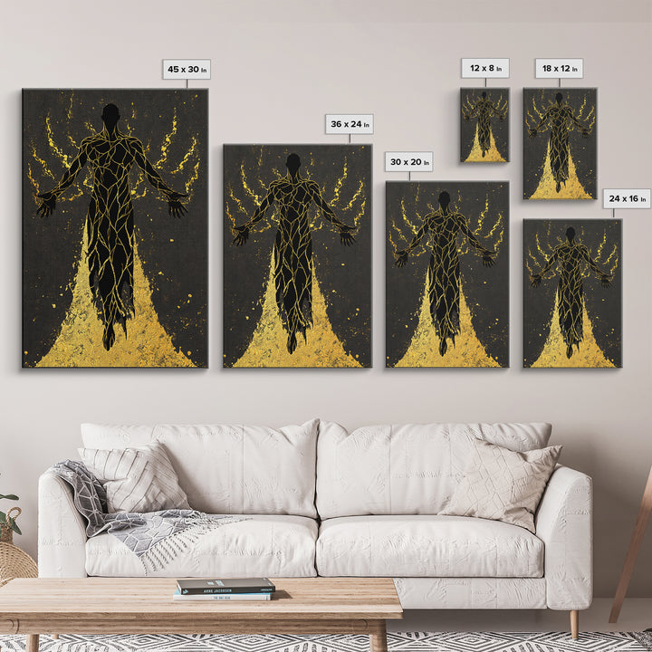 Radiant Ascension Canvas Gold Canvas Print, Mythological Abstract Silhouette, Celestial Fantasy Wall Art, Real Wood Frame