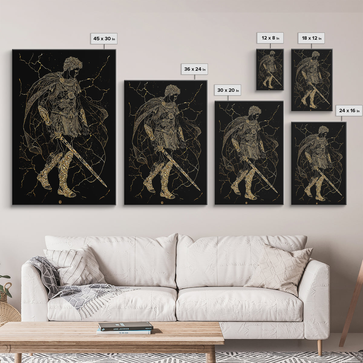 Roman Warrior Hero Canvas Gold Canvas Print, Ancient Gladiator Wall Art, Mythological Soldier Decor, Real Wood Frame