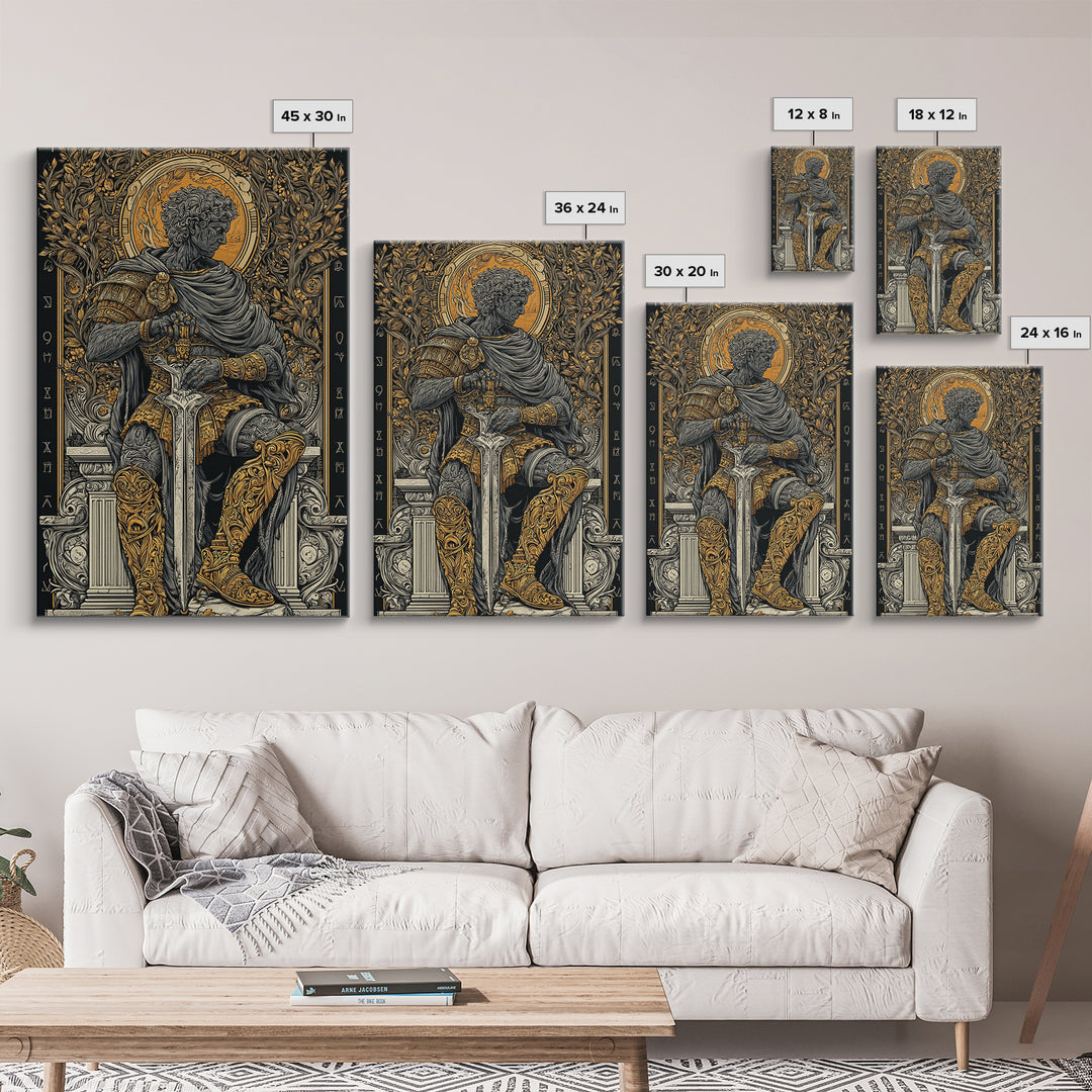 Seated Roman King Canvas Gold Canvas Print, Ancient Emperor Wall Art, Regal Mythological Decor, Real Wood Frame