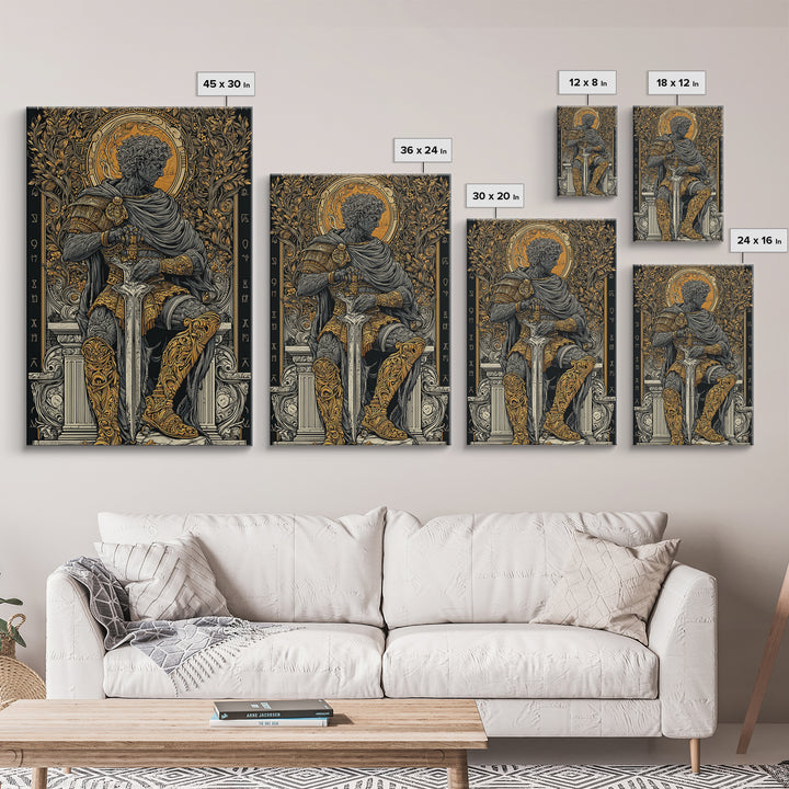 Seated Roman King Canvas Gold Canvas Print, Ancient Emperor Wall Art, Regal Mythological Decor, Real Wood Frame