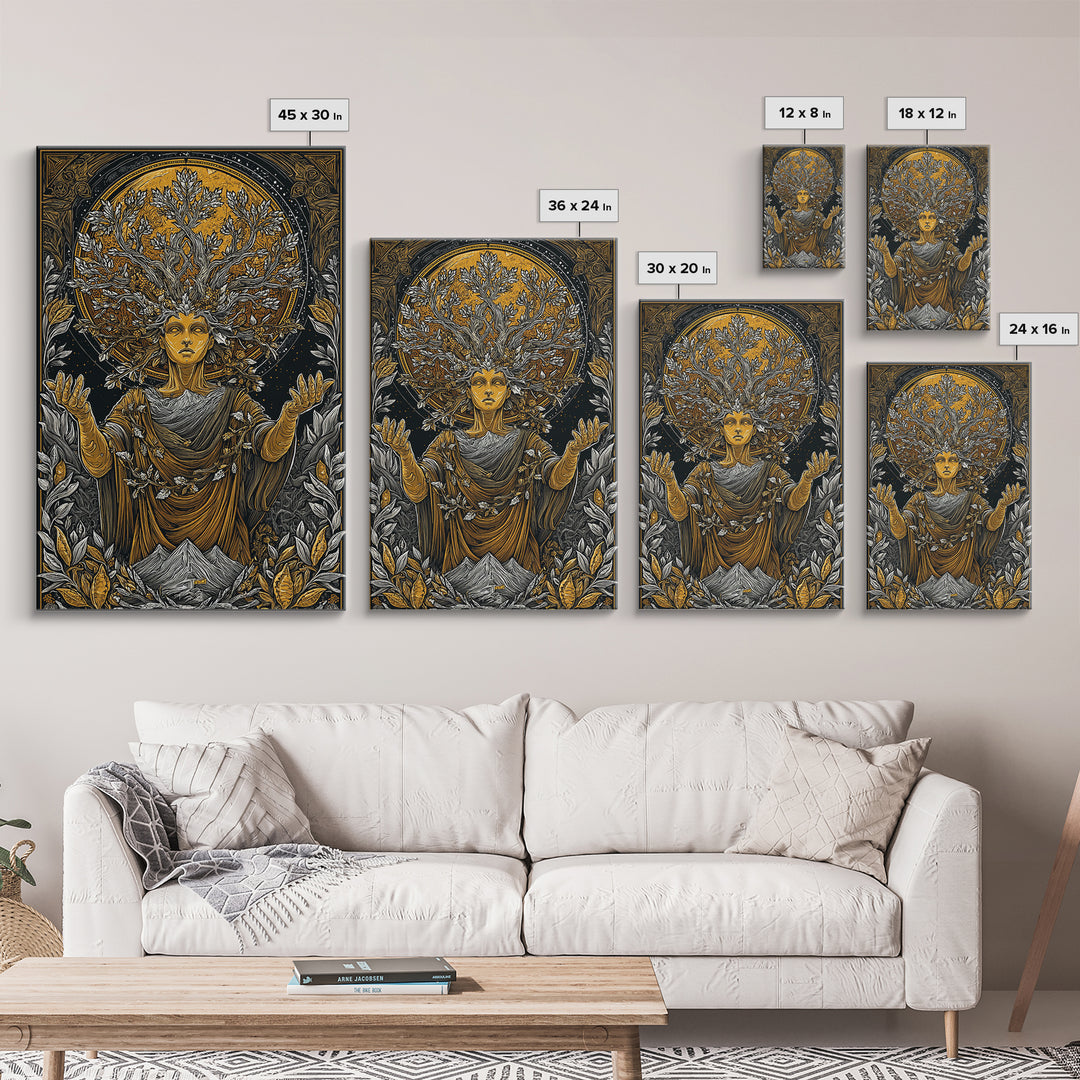 Gaia Mother Earth Canvas Gold Canvas Print, Greek Goddess Wall Art, Divine Nature Decorative Art, Real Wood Frame