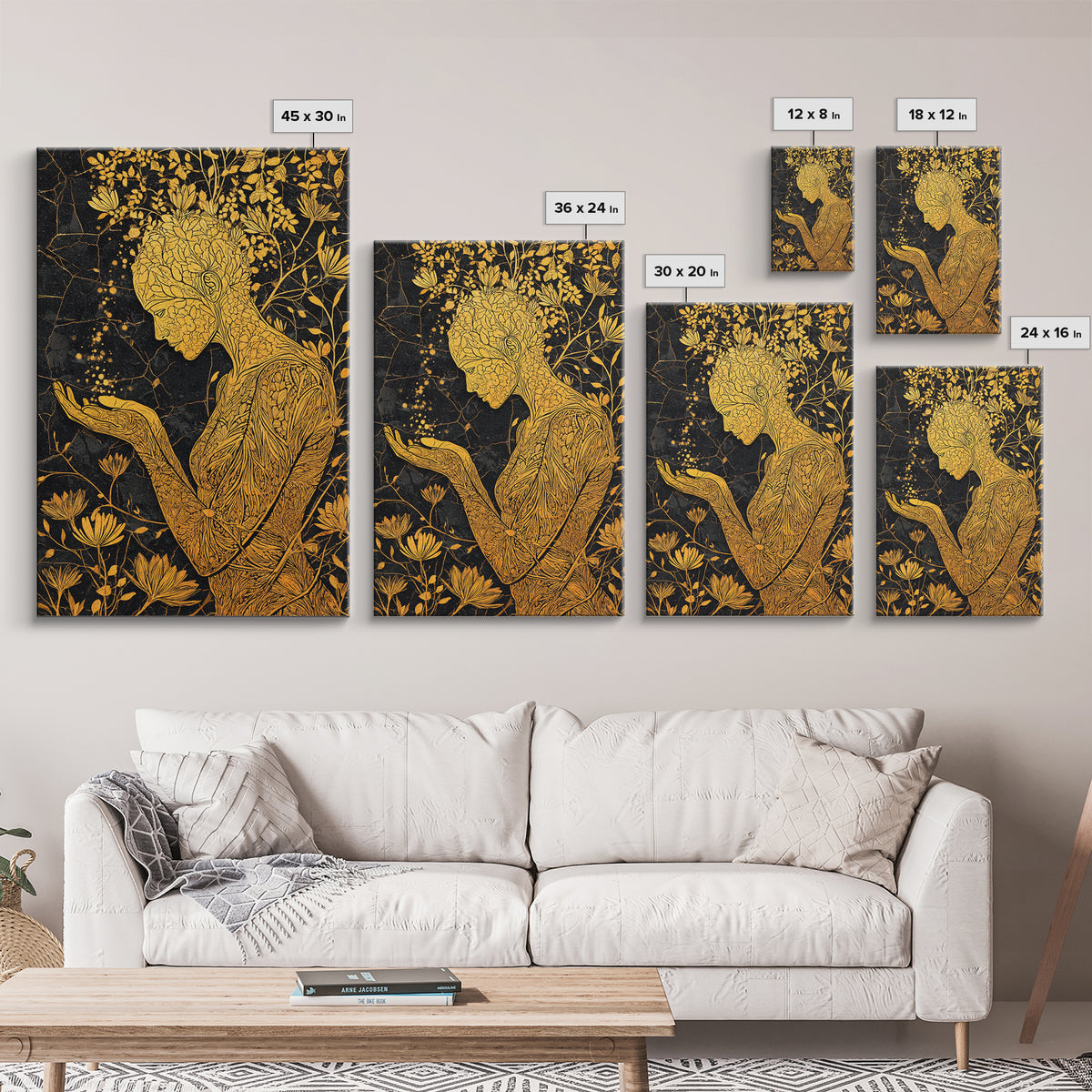 Floral Spirit Goddess Canvas Gold Canvas Print, Botanical Mythological Wall Art, Feminine Divine Decor, Real Wood Frame