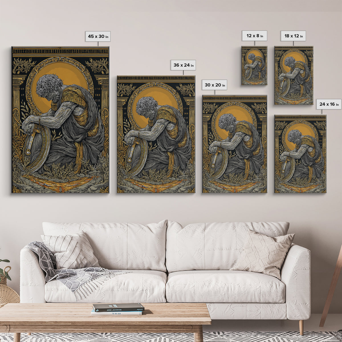 Kneeling Roman Soldier With Shield, Canvas Gold Art, Mythology Inspired Print, Ancient History Wall Decor, Real Wood Frame