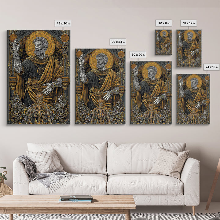 Ancient Philosopher With Skeleton, Canvas Gold Canvas Print, Mythology Wall Art, Classical History Artwork, Real Wood Frame