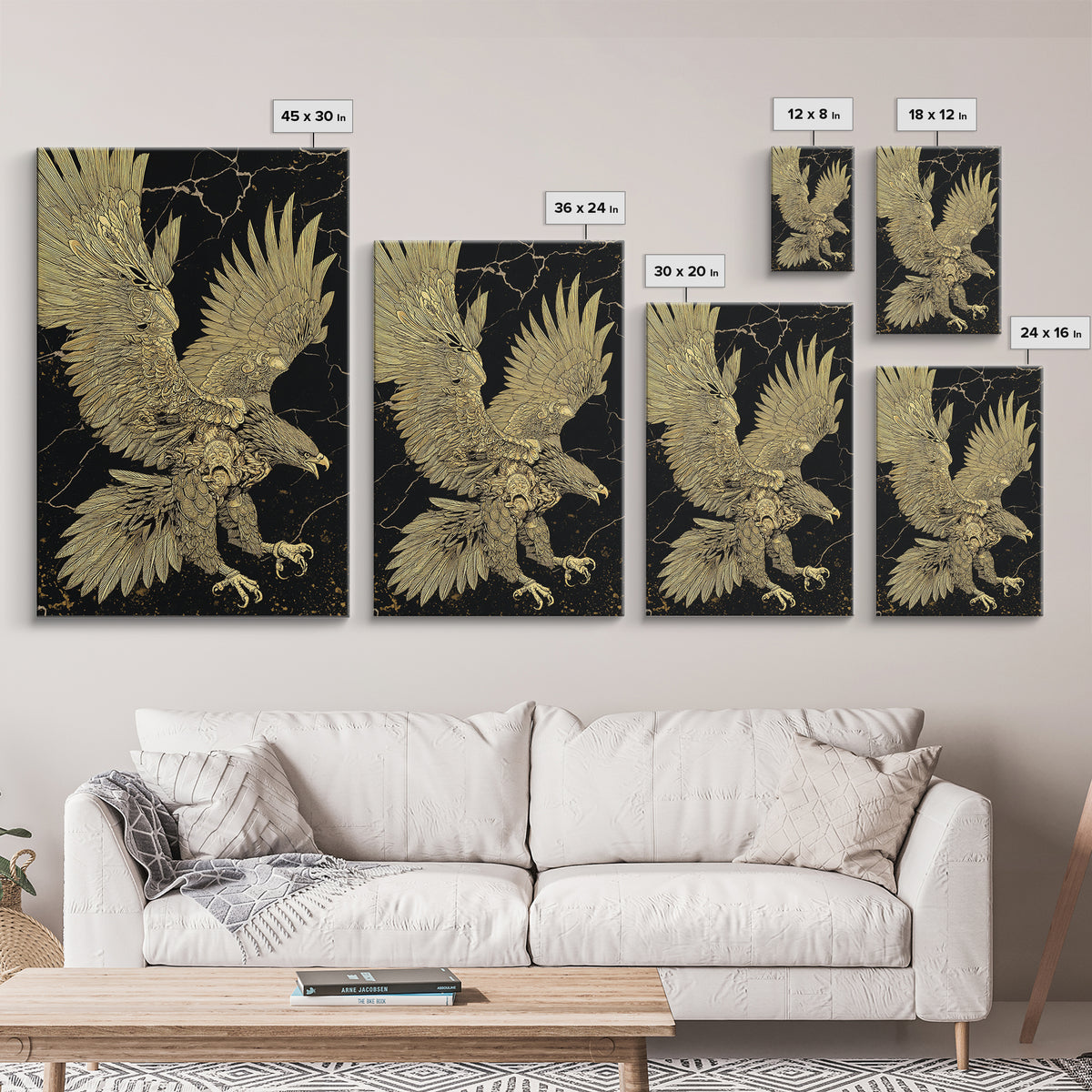 Majestic Eagle In Flight, Canvas Gold Art, Mythology Inspired Bird Print, Ancient Symbol Wall Decor, Luxury Real Wood Frame