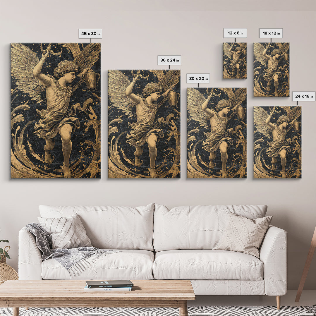 Winged Angel With Water Vessel, Canvas Gold Canvas Print, Mythology Inspired Artwork, Ancient Classical Decor, Real Wood Frame