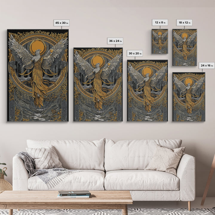 Eagle Headed Deity Holding Chalice, Canvas Gold Art, Mythology Inspired Wall Print, Ancient Symbol Artwork, Real Wood Frame