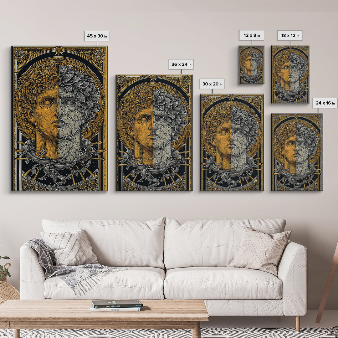 Dual Faced Mythological Bust, Canvas Gold Canvas Print, Ancient Symbolic Artwork, Mythology Inspired Wall Decor, Real Wood Frame