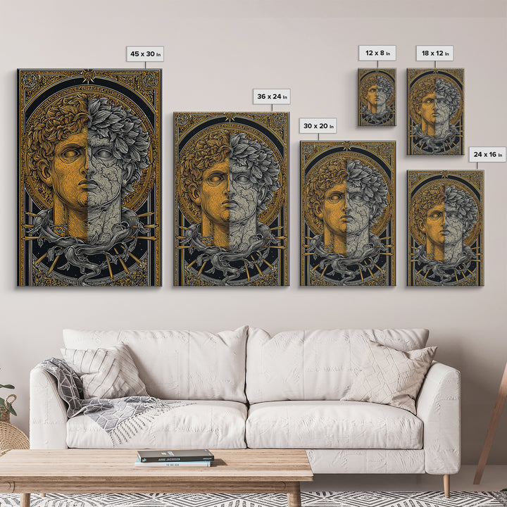 Dual Faced Mythological Bust, Canvas Gold Canvas Print, Ancient Symbolic Artwork, Mythology Inspired Wall Decor, Real Wood Frame