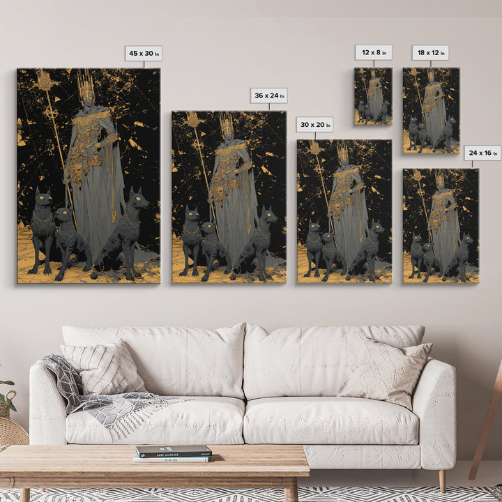 Dark King With Hounds, Canvas Gold Art, Mythology Inspired Canvas Print, Ancient Underworld Wall Artwork, Real Wood Frame