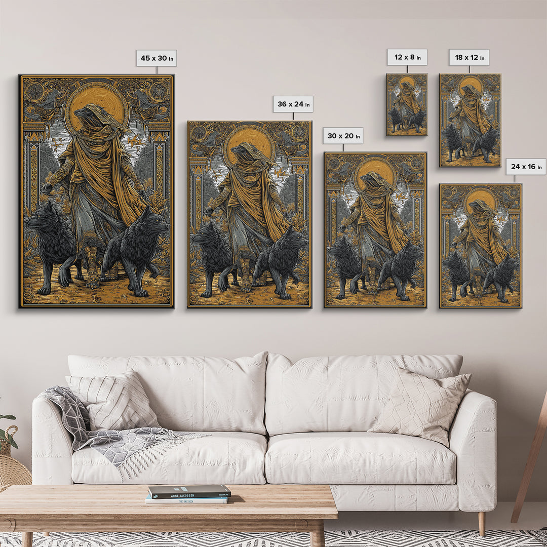 Hooded Deity With Wolves, Canvas Gold Canvas Print, Mythology Inspired Artwork, Ancient Symbolic Wall Decor, Real Wood Frame