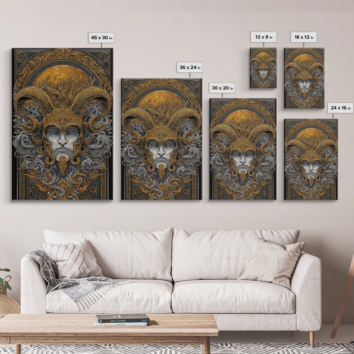 Mythical Horned Warrior Canvas Gold Canvas Print, Intricate Greek God Art, Luxury Wall Decor, Real Wood Frame Artwork