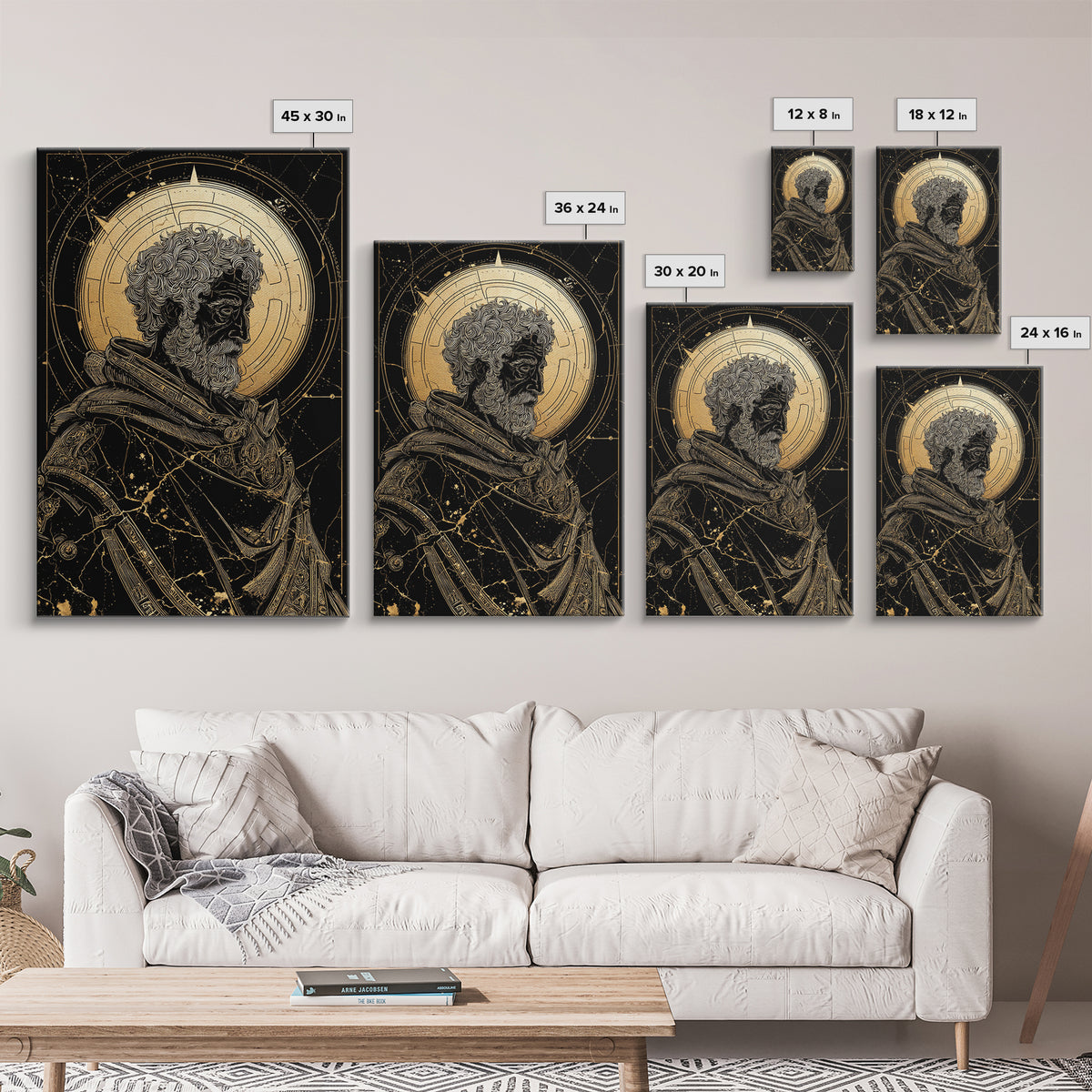 Ancient Philosopher Bust Canvas Gold Canvas Print, Greek Portrait Wall Art, Regal Mythology Decor, Real Wood Frame