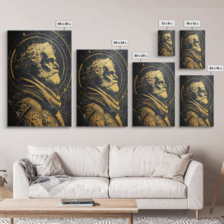 Stoic Elder Portrait Canvas Gold Canvas Print, Greek Philosopher Wall Art, Abstract Ancient Decor, Real Wood Frame