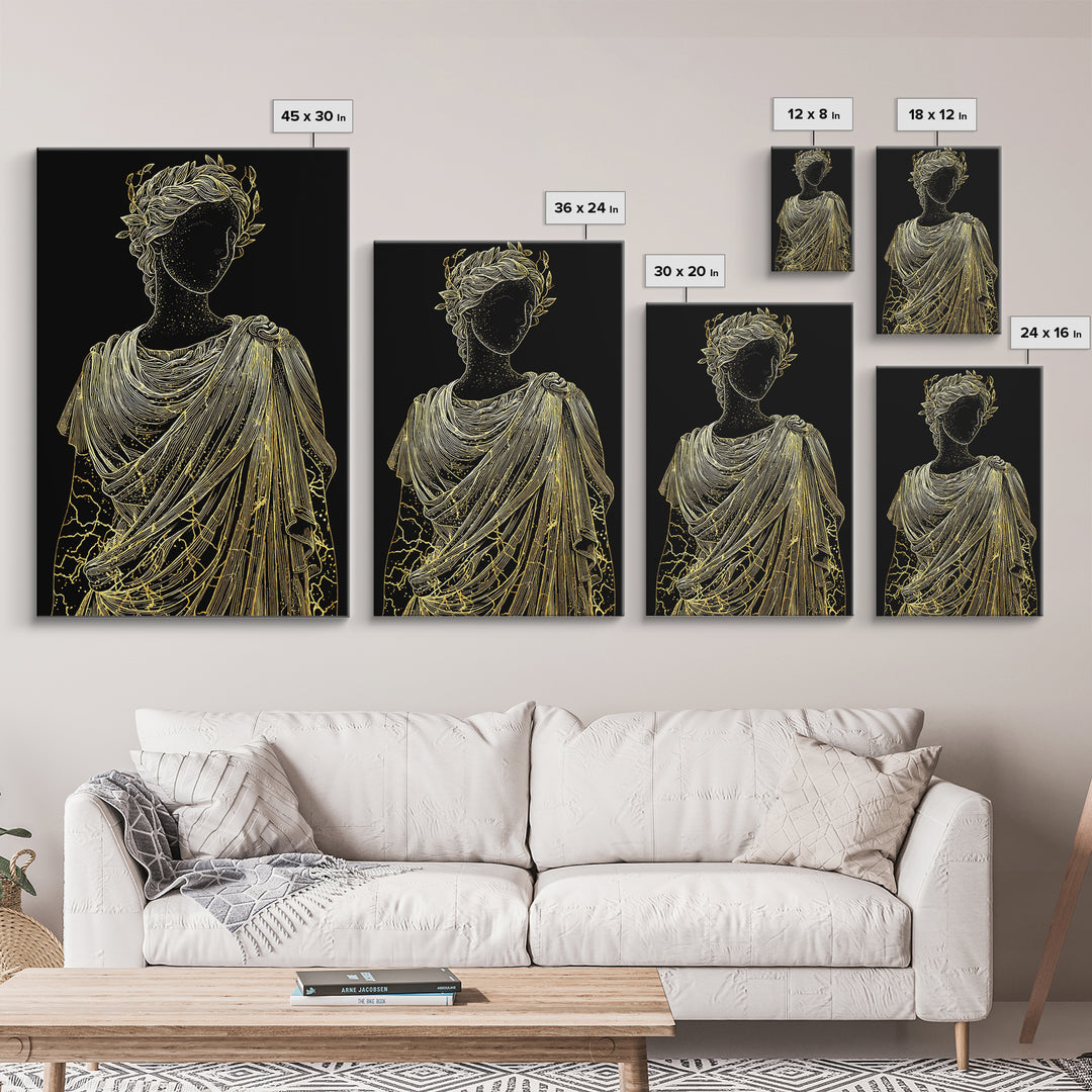 Divine Goddess Bust Canvas Gold Canvas Print, Ethereal Greek Statue Art, Elegant Classical Wall Decor, Real Wood Frame