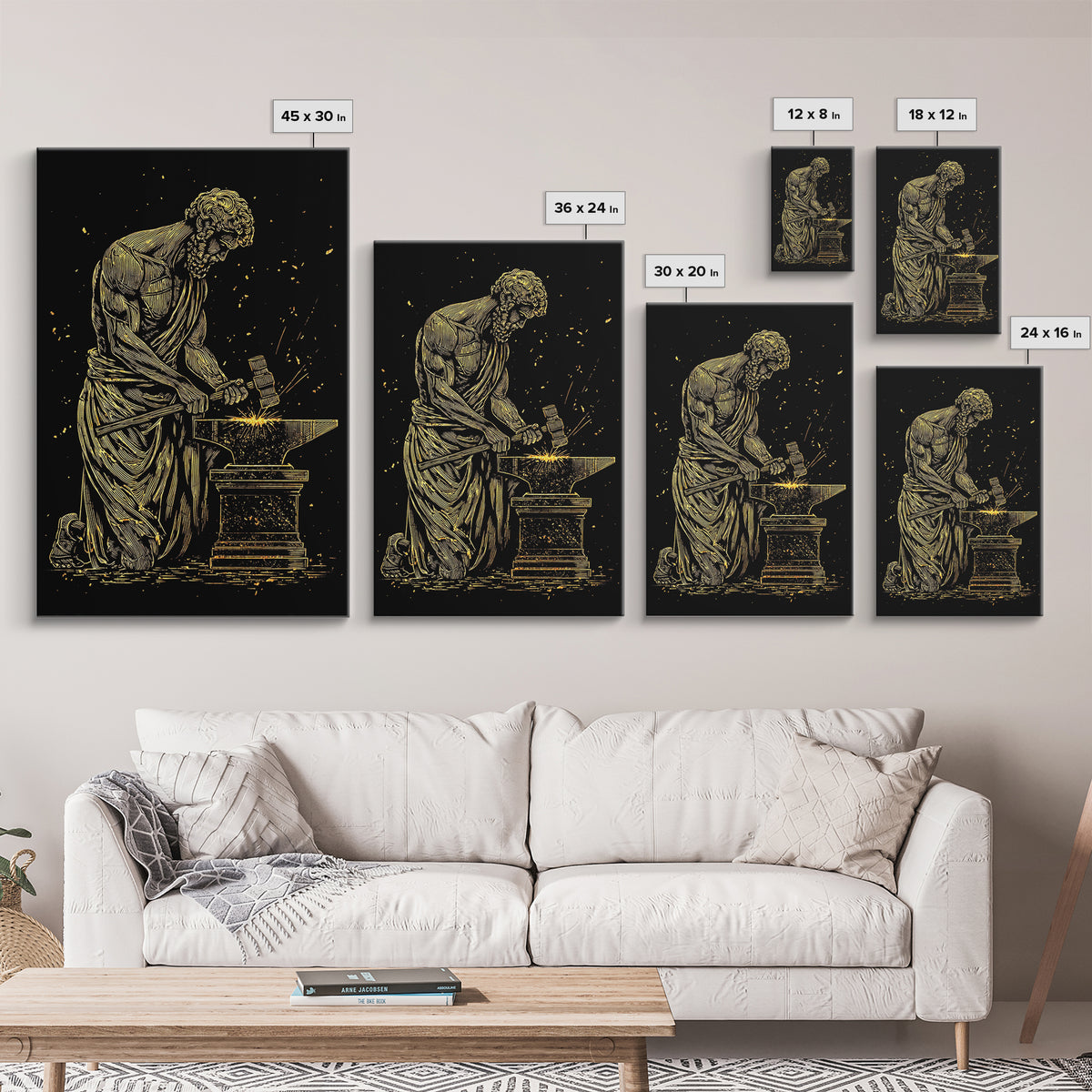Hephaestus At Forge Canvas Gold Canvas Print, Greek God Blacksmith Art, Strong Mythology Wall Decor, Real Wood Frame