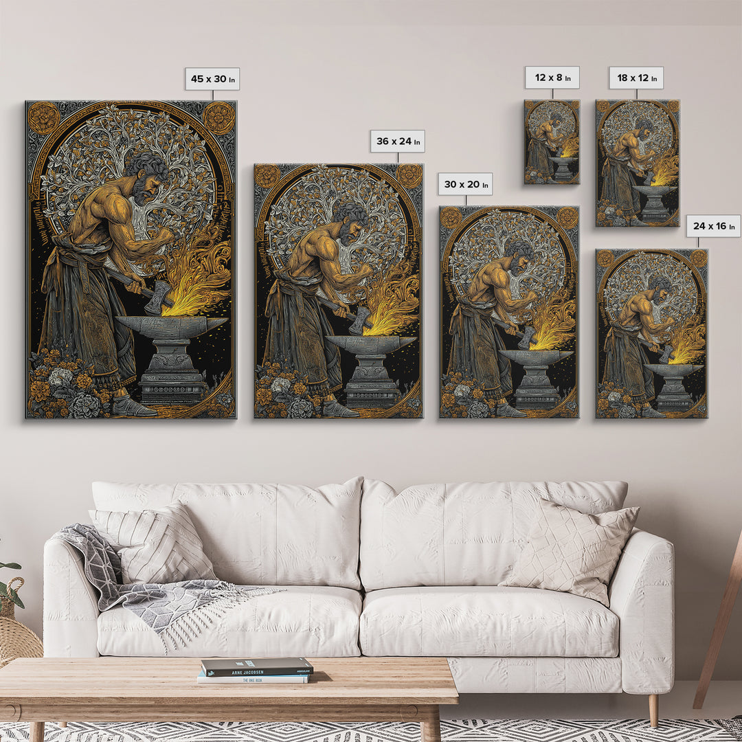 Mythical Forge Master Canvas Gold Canvas Print, Ancient Greek Hephaestus Art, Dramatic Mythology Wall Decor, Real Wood Frame