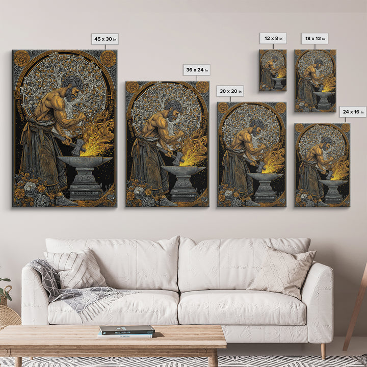 Mythical Forge Master Canvas Gold Canvas Print, Ancient Greek Hephaestus Art, Dramatic Mythology Wall Decor, Real Wood Frame