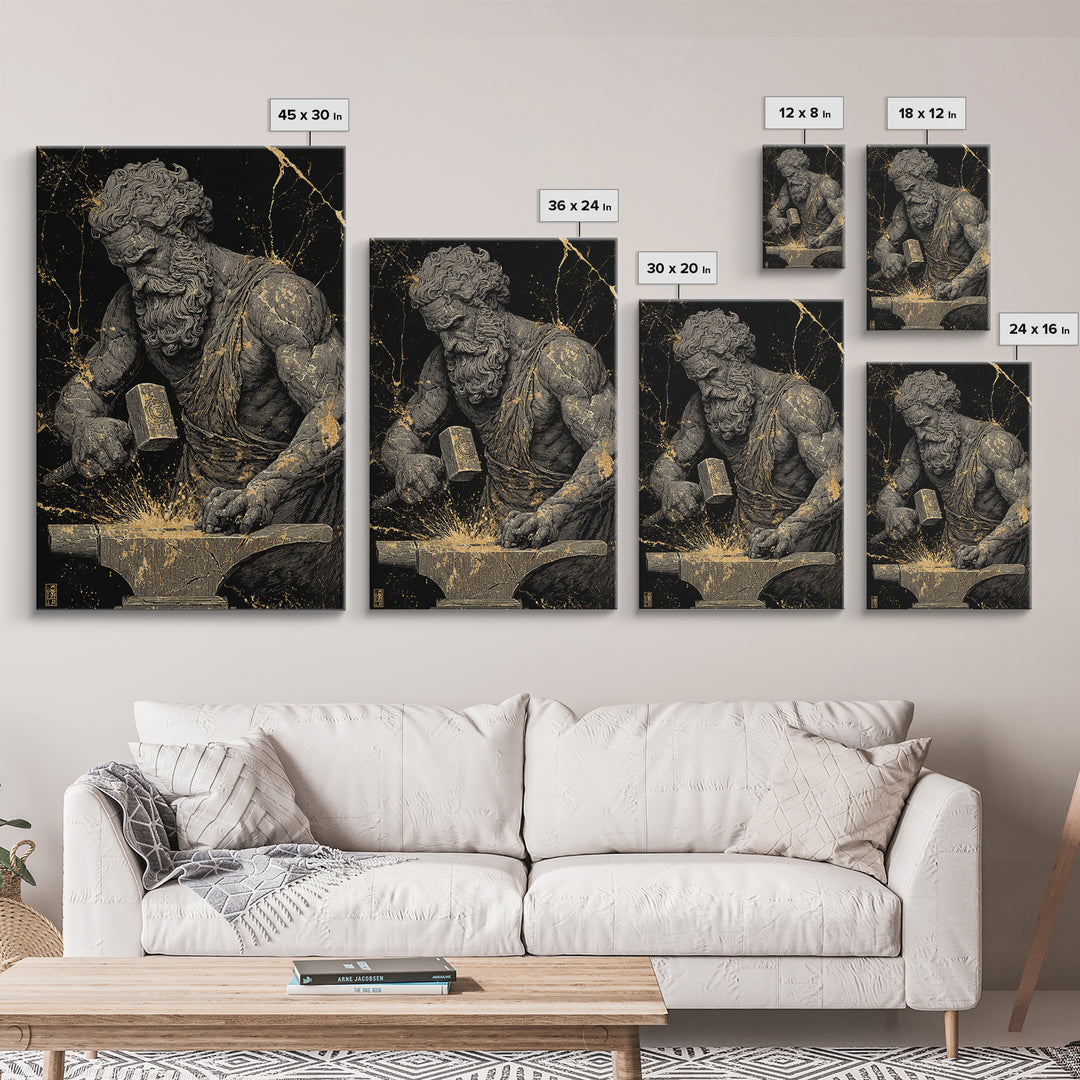 Greek God At Anvil Canvas Gold Canvas Print, Mythological Hephaestus Art, Classic Blacksmith Wall Decor, Real Wood Frame