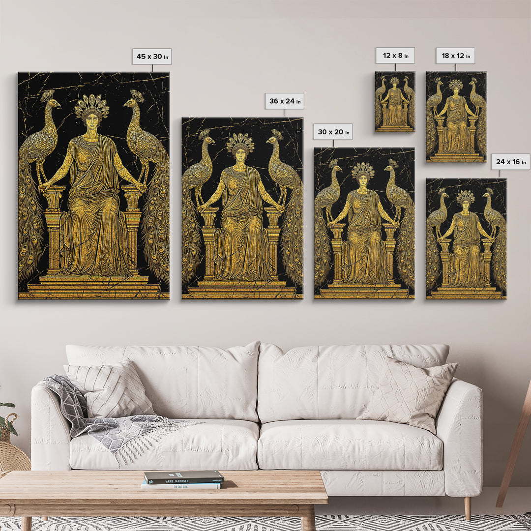 Greek Goddess Hera With Peacocks Canvas Gold Canvas Print, Mythology Wall Art, Luxury Wood Framed Art Decor