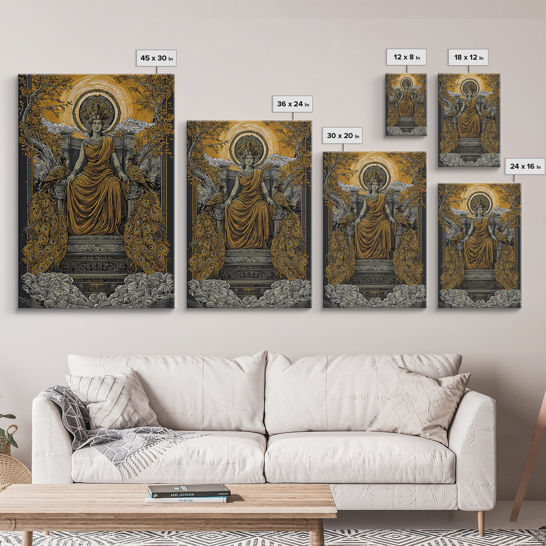 Divine Queen Hera Canvas Gold Canvas Print, Greek Goddess Wall Art, Regal Mythology Decor, Real Wood Frame Artwork