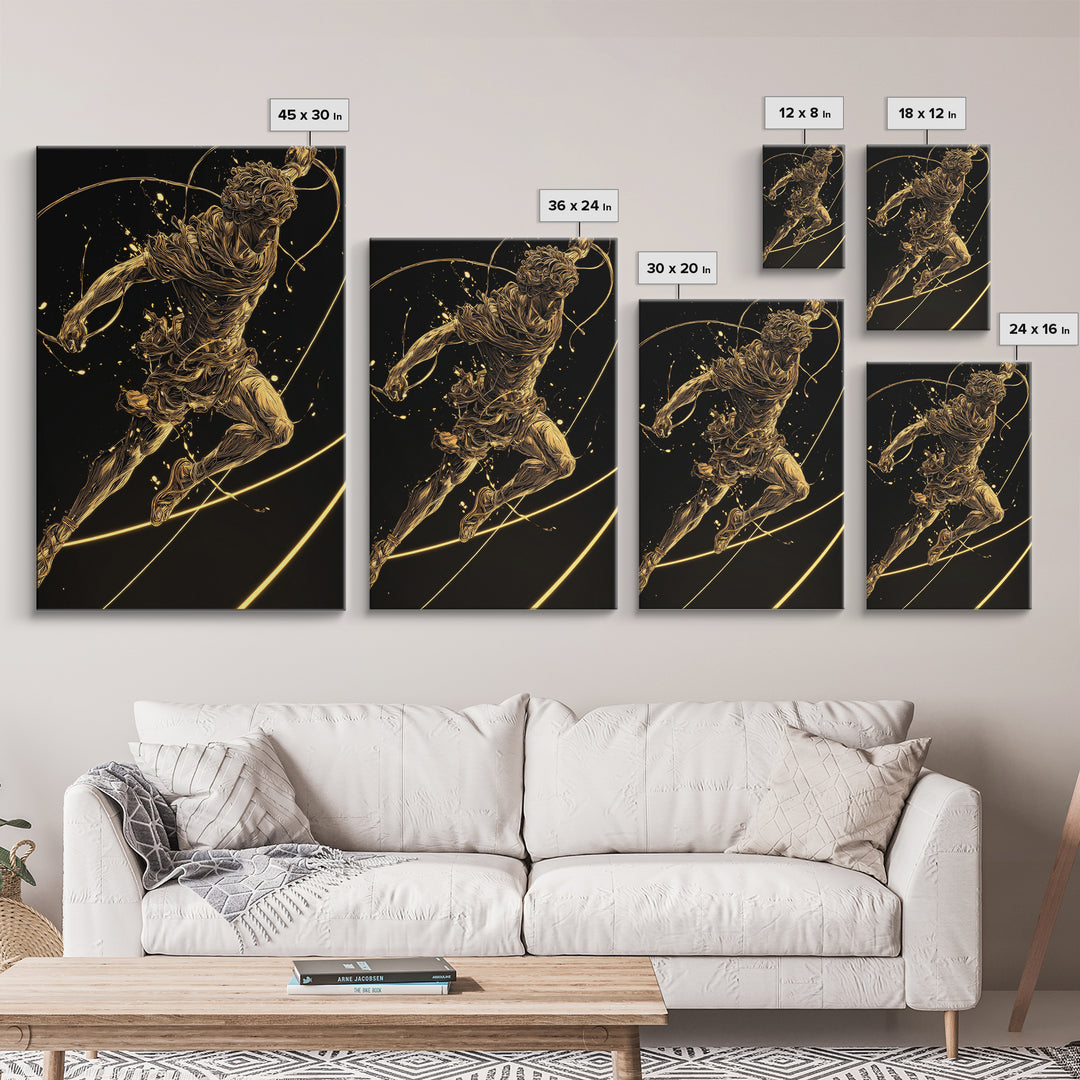Hermes Leaping Canvas Gold Canvas Print, Greek God Wall Art, Divine Mythology Inspired Decor, Luxury Wood Framed Art