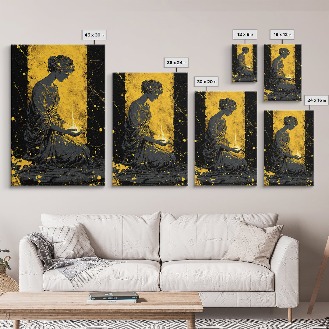 Greek Goddess Hestia With Flame Canvas Gold Canvas Print, Ancient Mythology Wall Art, Real Wood Frame Home Decor