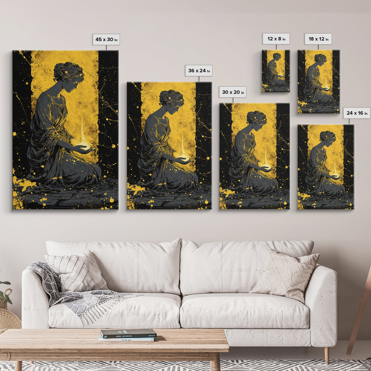 Greek Goddess Hestia With Flame Canvas Gold Canvas Print, Ancient Mythology Wall Art, Real Wood Frame Home Decor