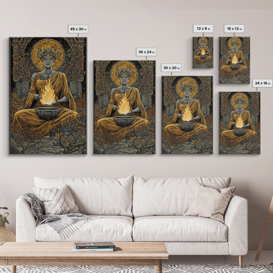 Hestia Goddess Of The Hearth Canvas Gold Canvas Print, Divine Fire Wall Art, Mythology Inspired Decor, Wood Frame Print